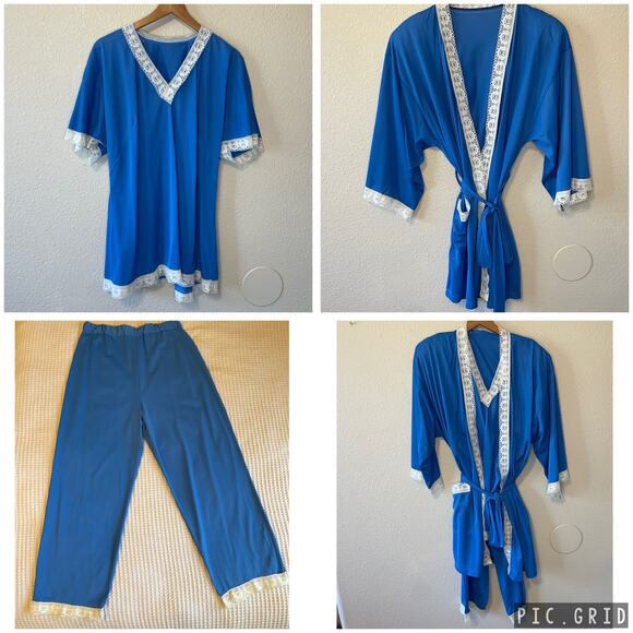 VTG Hand Made Blue Lace Trim 3 Piece Pajama Sleep Set Robe Shirt & Pants Small - Picture 3 of 12